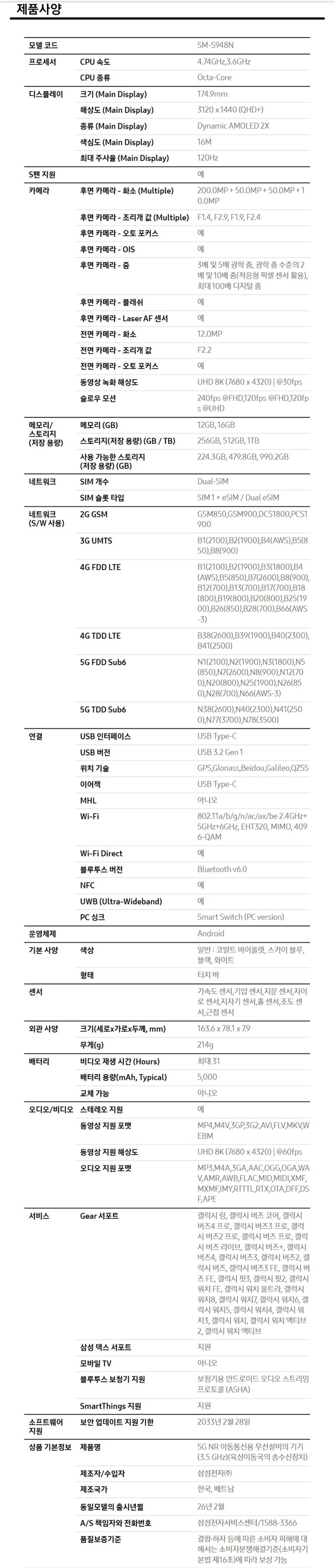 갤럭시 S26 울트라 (256GB) 스펙 1