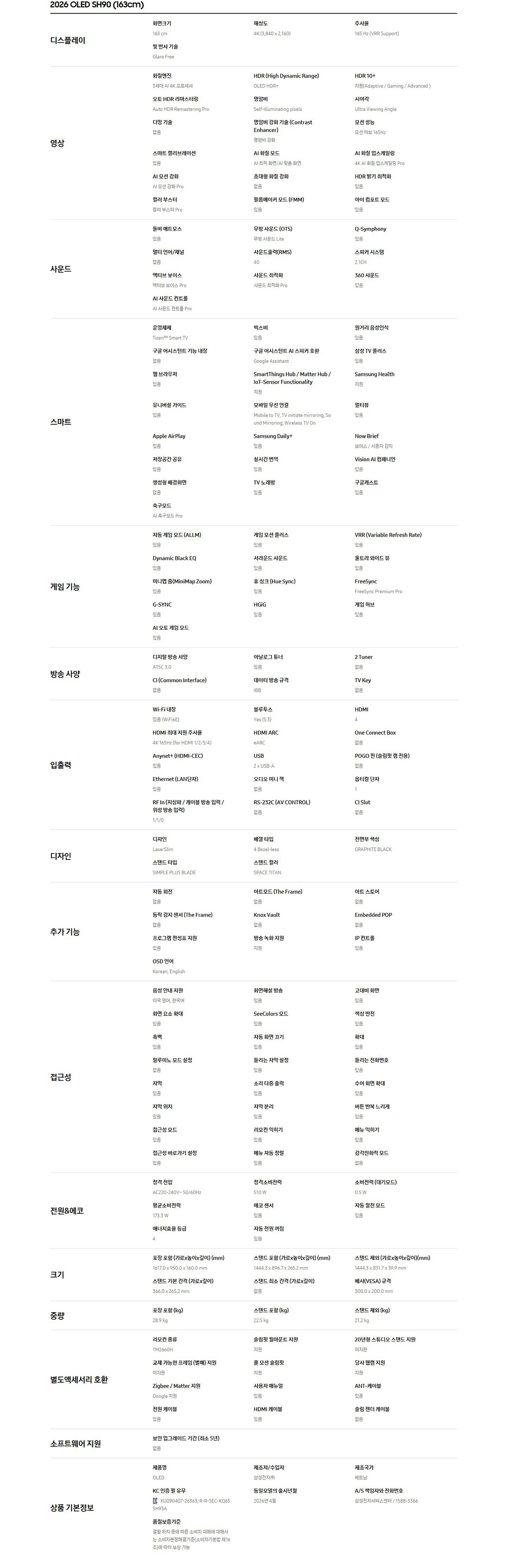 [삼성] 2026 OLED SH90 TV (65인치) 스펙 1